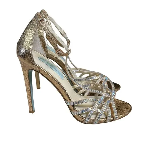 Betsey Johnson Women's High‎ Heel Shoes Sz 6 Gold Rhinestone T-Strap Dressy - Picture 2 of 11
